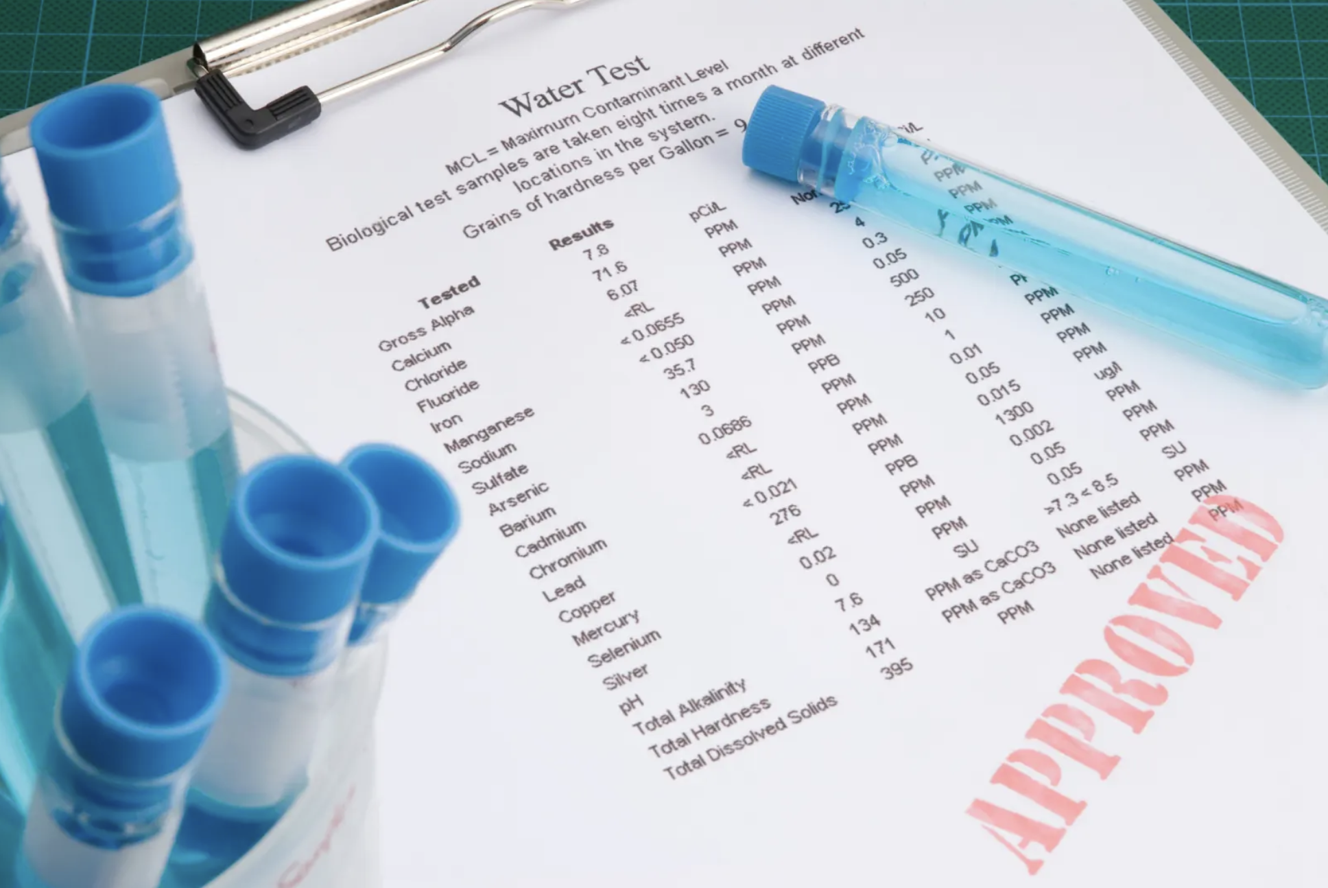 A printed water quality test report.